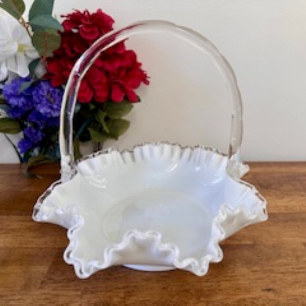 Fenton Silver Crest Milk Glass Basket – Ruffled Edge Handle Bowl Vintage Wedding